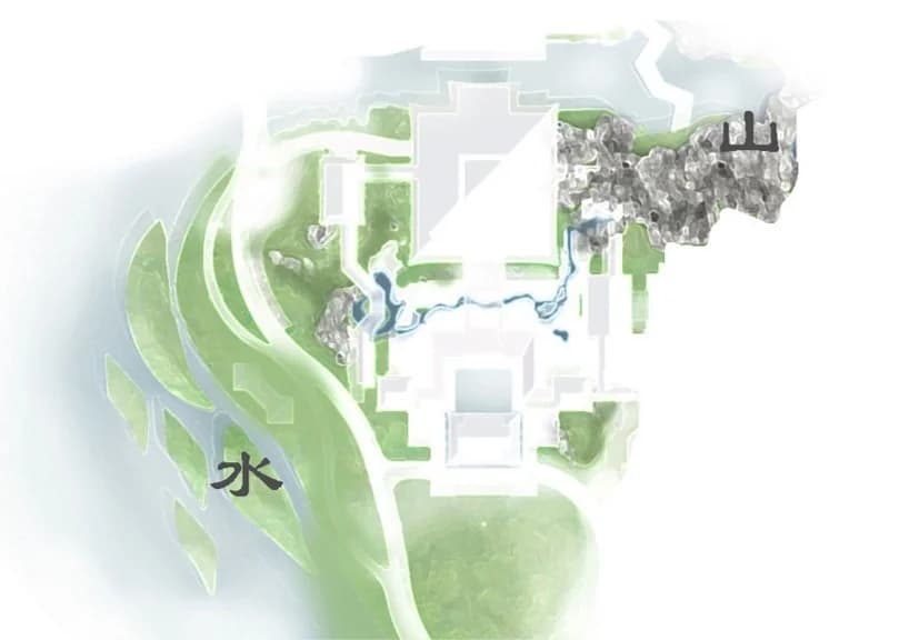 Ландшафтное оформление культурного центра с элементами водного ландшафта