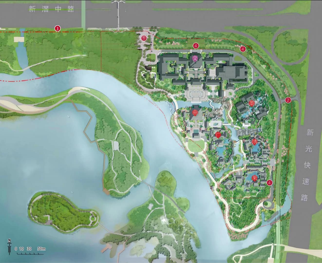 Ландшафтное оформление культурного центра с элементами водного ландшафта